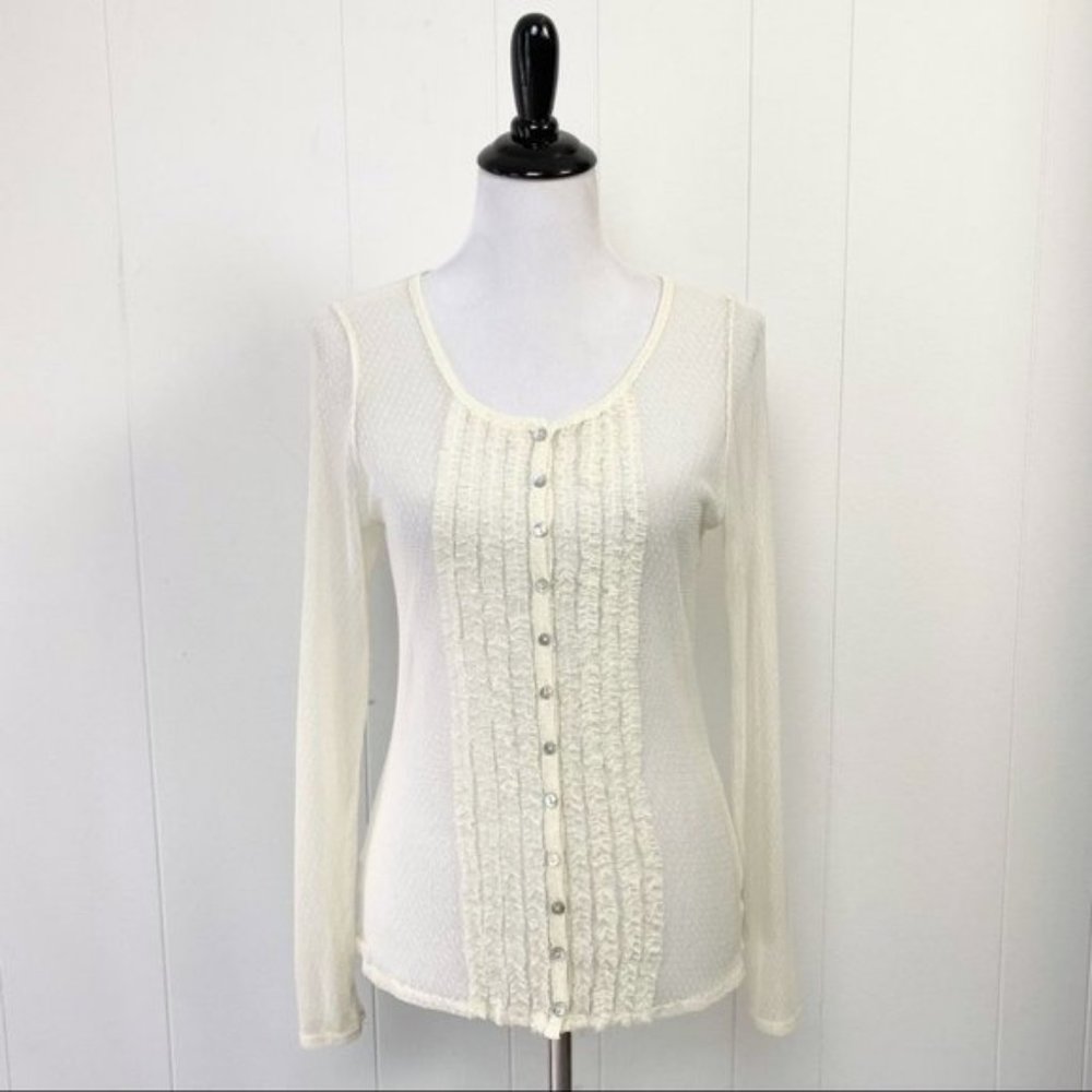 Dylan & Rose Sheer Mesh Dot Cream Ruffle Button Front Long Sleeve Top Size M